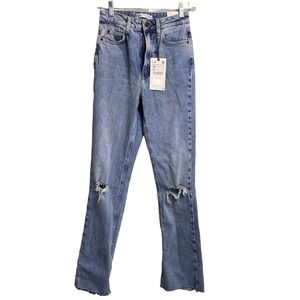 Zara Jeans Women's High Rise Slim Flare Full Split Size US 00 EUR 32 Distressed